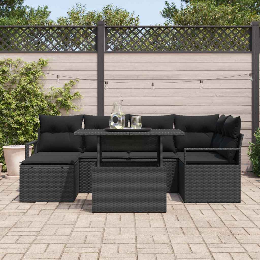 Garten-Sofa-Set mit Speicher 7 pcs Schwarz Poly Rattan