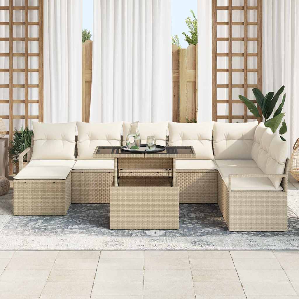 Garten-Sofa-Set mit Speicher 9 pcs Beige Poly Rattan