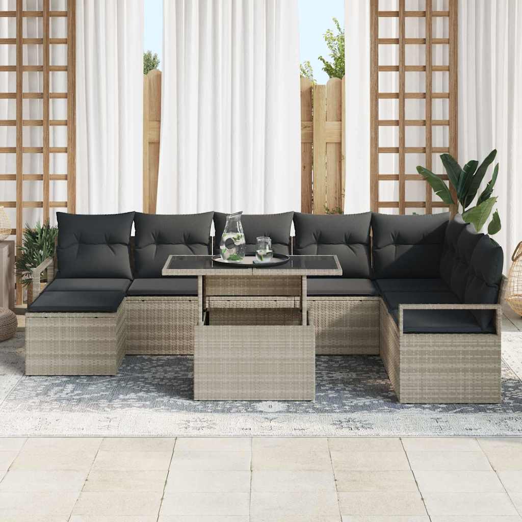 Garten-Sofa-Set mit Speicher 9 pcs Hellgrau Poly Rattan