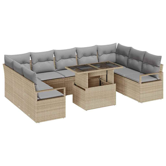 Garten-Sofa-Set mit Speicher 10 pcs Beige Poly Rattan