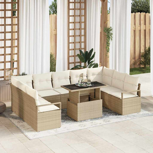 Garten-Sofa-Set mit Speicher 10 pcs Beige Poly Rattan