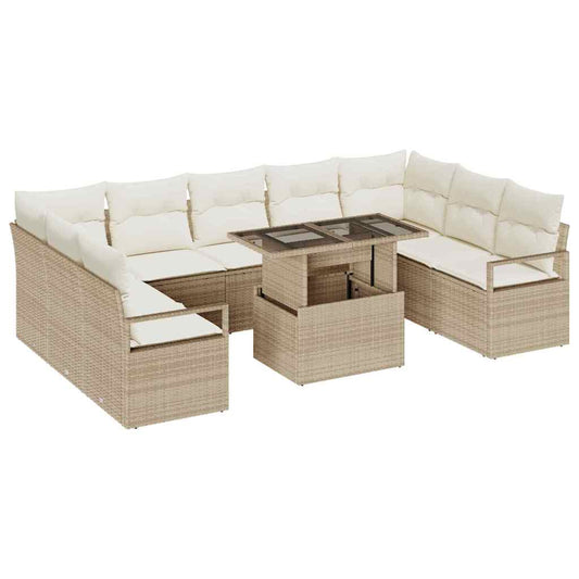 Garten-Sofa-Set mit Speicher 10 pcs Beige Poly Rattan