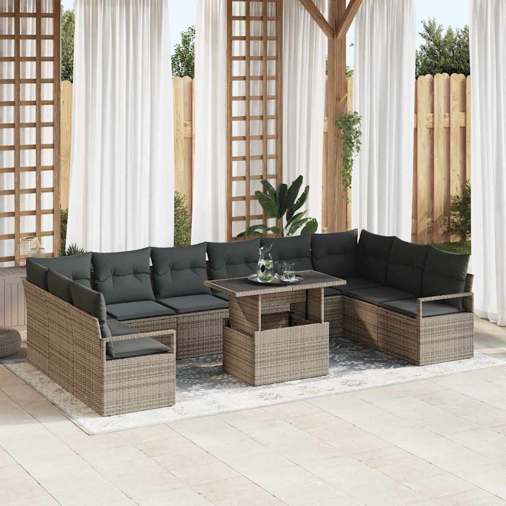 Gartensofa-set mit Kissen mit Speicher 11 pcs Grau Poly-Rattan