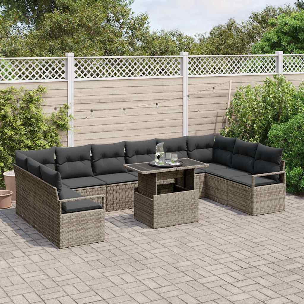 Gartensofa-set mit Kissen mit Speicher 11 pcs Grau Poly-Rattan