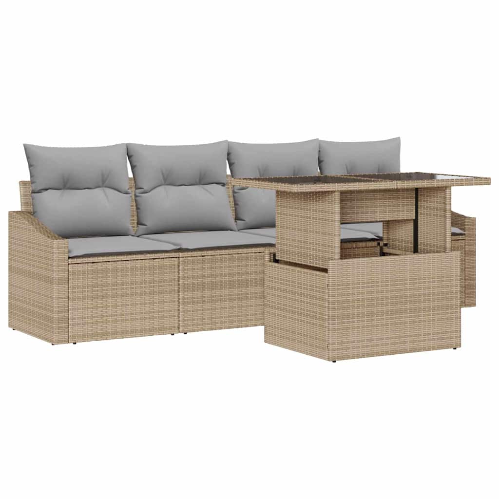 Garten-Sofa-Set mit Speicher 5 pcs Beige Poly Rattan