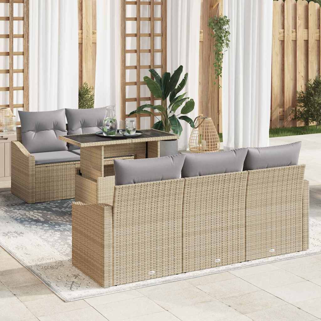 Garten-Sofa-Set mit Kissen mit Speicher 6 pcs Beige Poly-Rattan