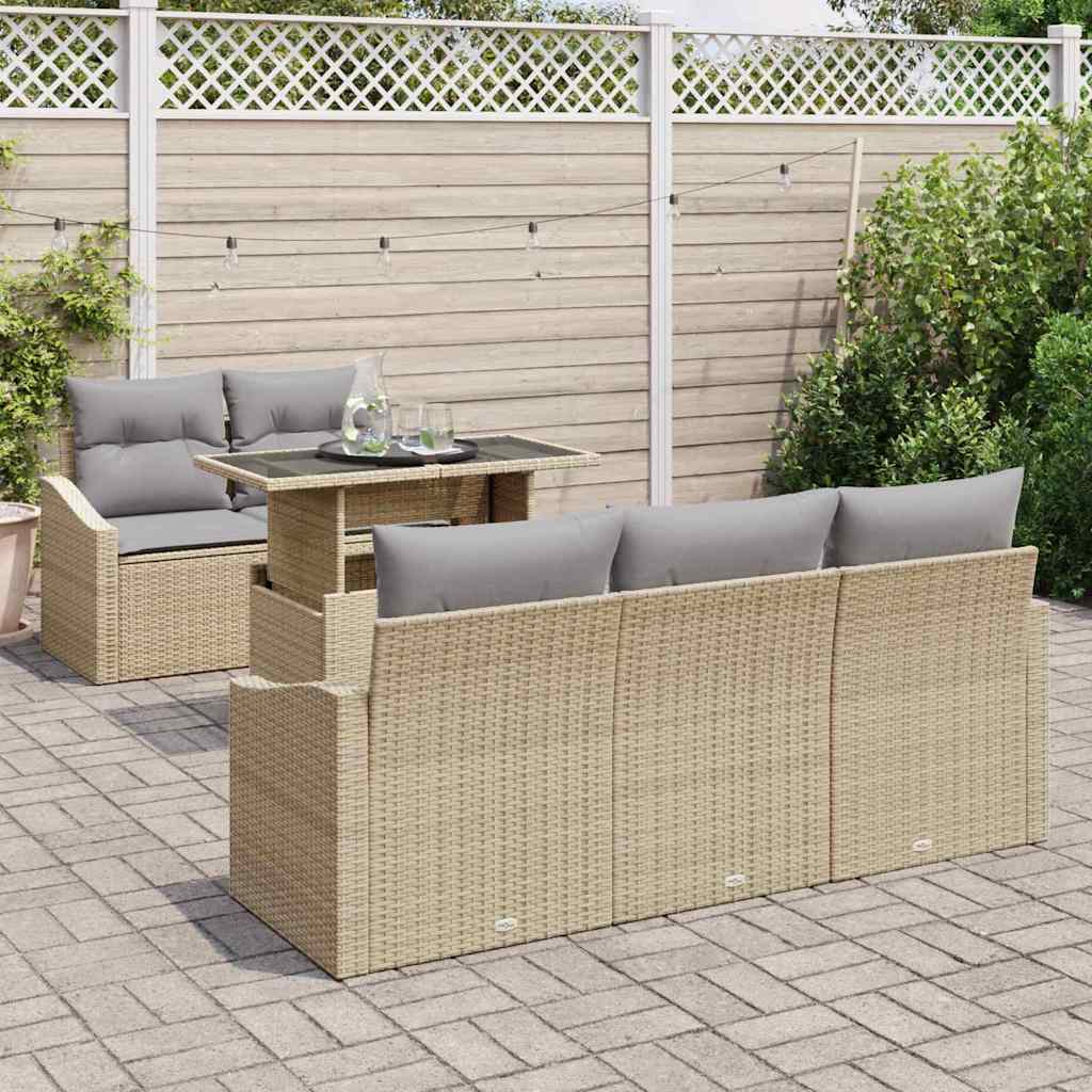 Garten-Sofa-Set mit Kissen mit Speicher 6 pcs Beige Poly-Rattan