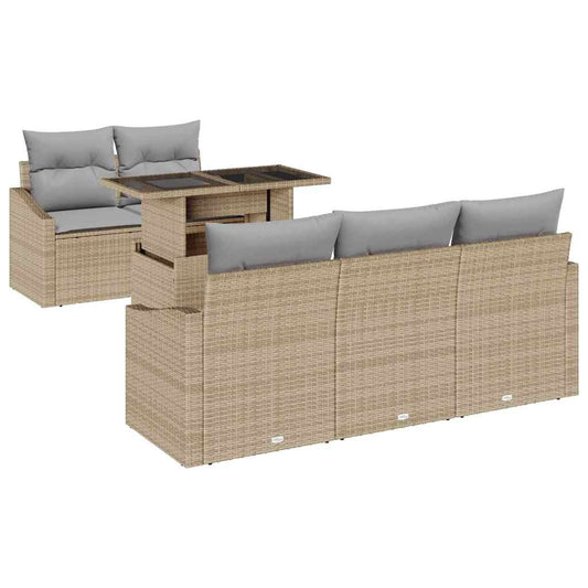 Garten-Sofa-Set mit Kissen mit Speicher 6 pcs Beige Poly-Rattan