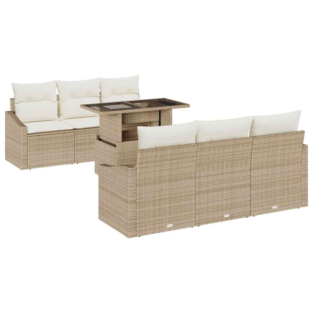Garten-Sofa-Set mit Speicher 7 pcs Beige Poly Rattan