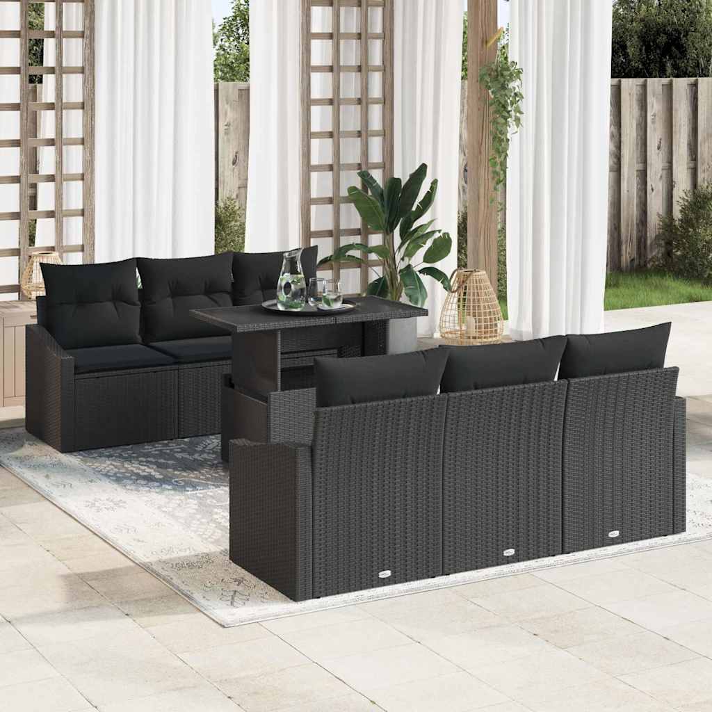 Garten-Sofa-Set mit Kissen 7 pcs Schwarz Poly-Rattan