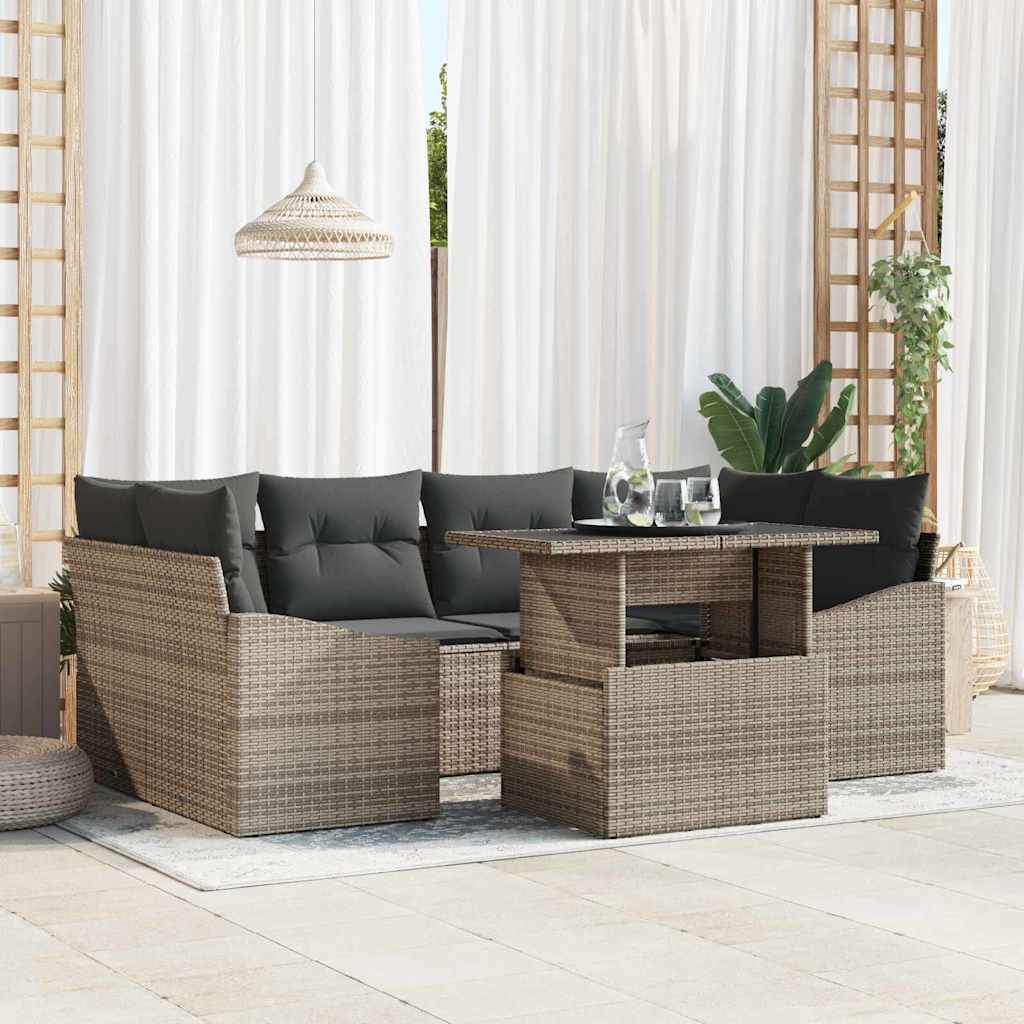 Garten-Sofa-Set mit Speicher 7 pcs Grau Poly Rattan