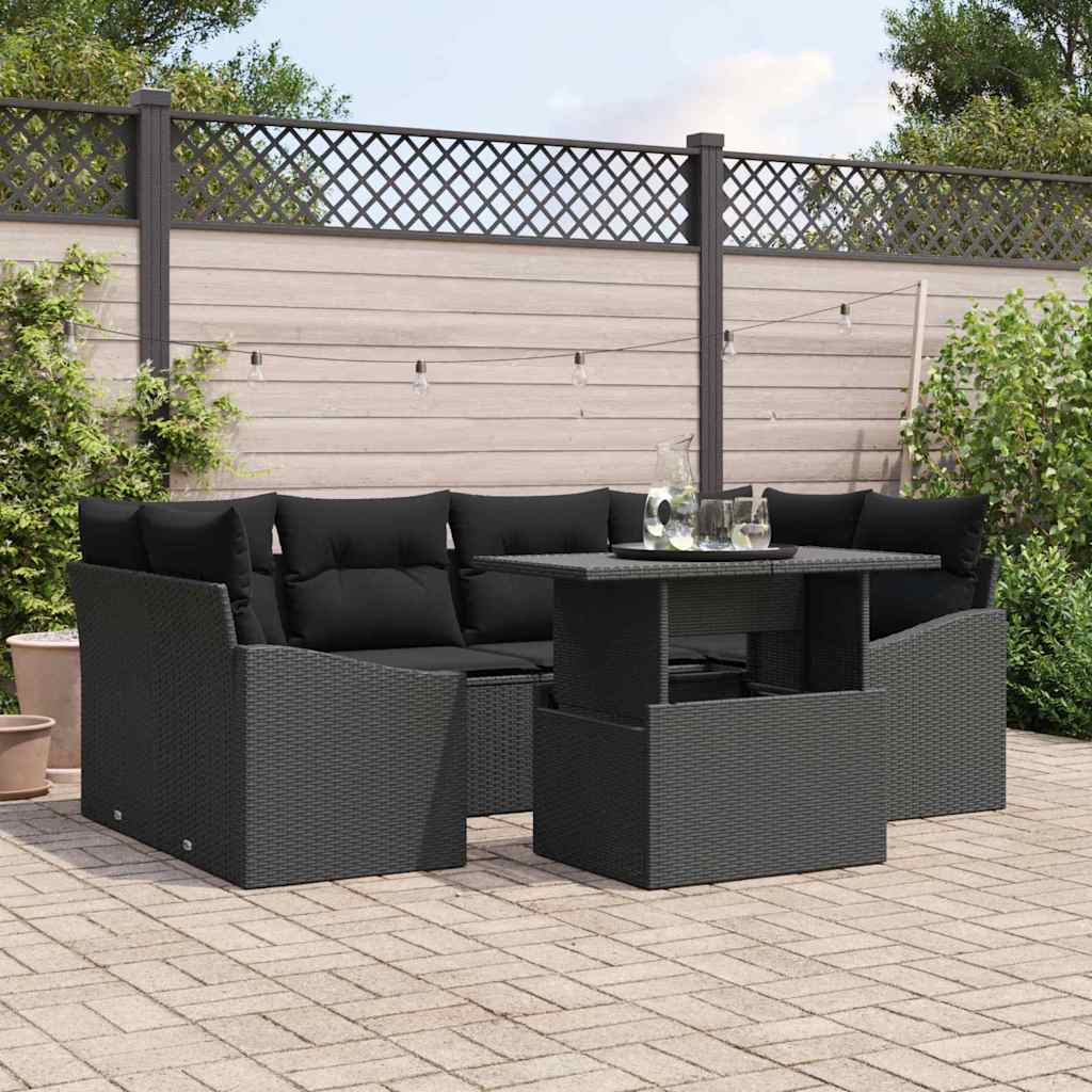 Garten-Sofa-Set mit Speicher 7 pcs Schwarz Poly Rattan