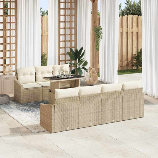 Garten-Sofa-Set mit Kissen mit Speicher 8 pcs Beige Poly-Rattan