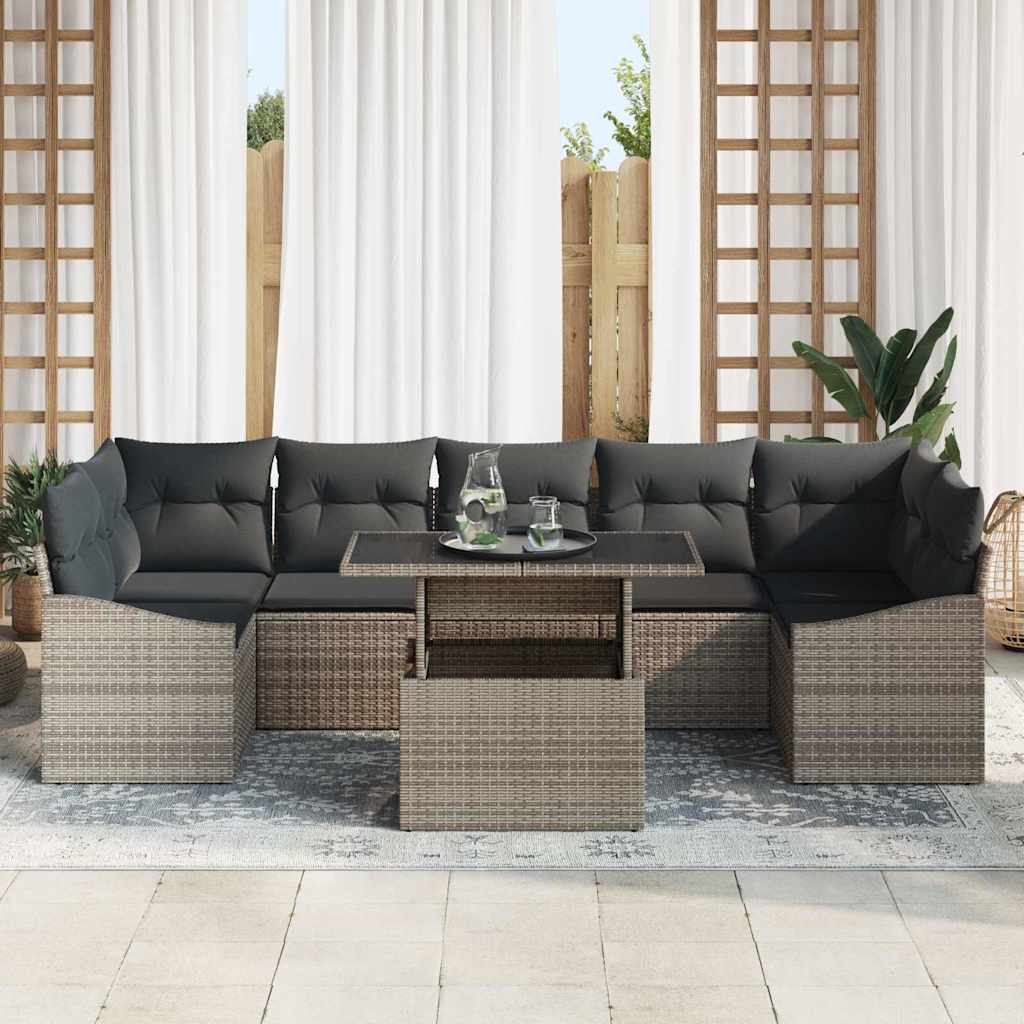 Garten-Sofa-Set mit Kissen mit Speicher 8 pcs Grau Poly-Rattan