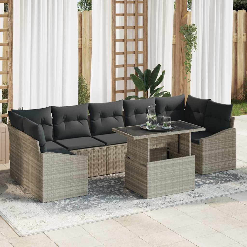 Garten-Sofa-Set mit Speicher 8 pcs Hellgrau Poly Rattan