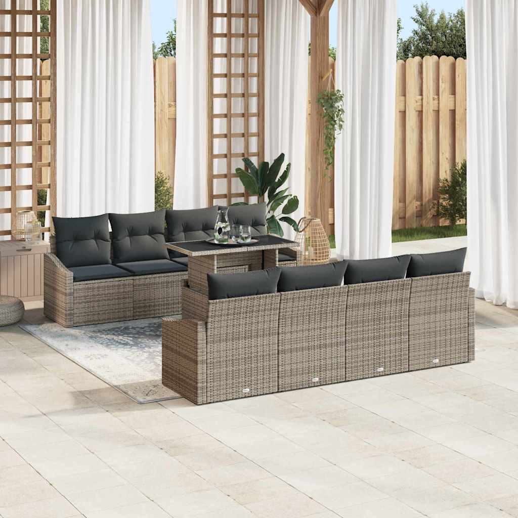 Garten-Sofa-Set mit Kissen mit Speicher 9 pcs Grau Poly-Rattan