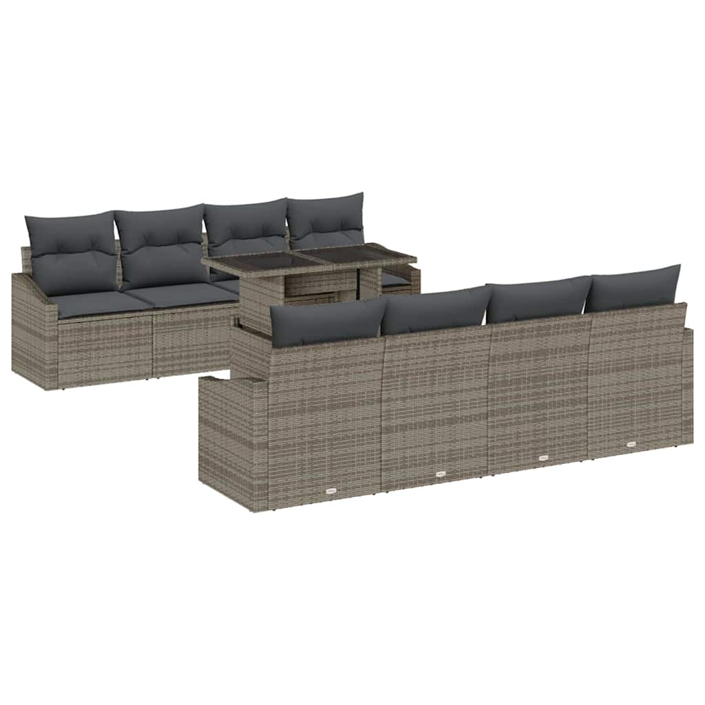 Garten-Sofa-Set mit Kissen mit Speicher 9 pcs Grau Poly-Rattan