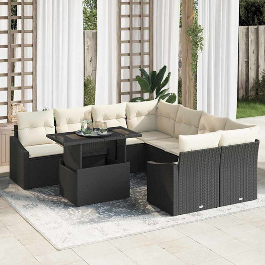 Garten-Sofa-Set mit Kissen 9 pcs Schwarz Poly-Rattan