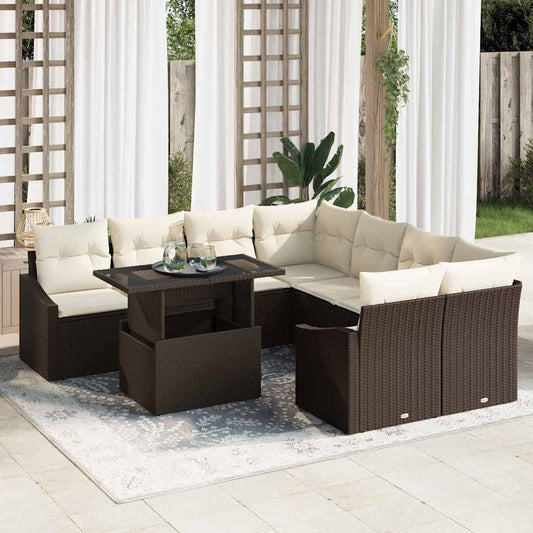 Garten-Sofa-Set mit Kissen mit Speicher 9 pcs Braun Poly-Rattan