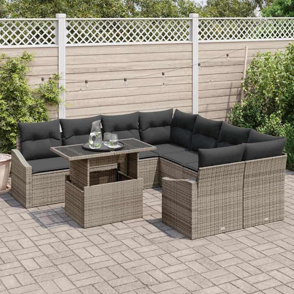 Garten-Sofa-Set mit Speicher 9 pcs Grau Poly Rattan