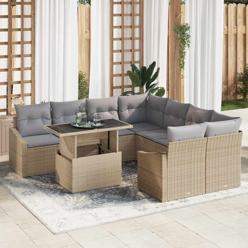 Garten-Sofa-Set mit Speicher 9 pcs Beige Poly Rattan