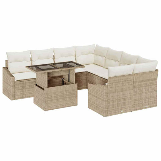 Garten-Sofa-Set mit Speicher 9 pcs Beige Poly Rattan