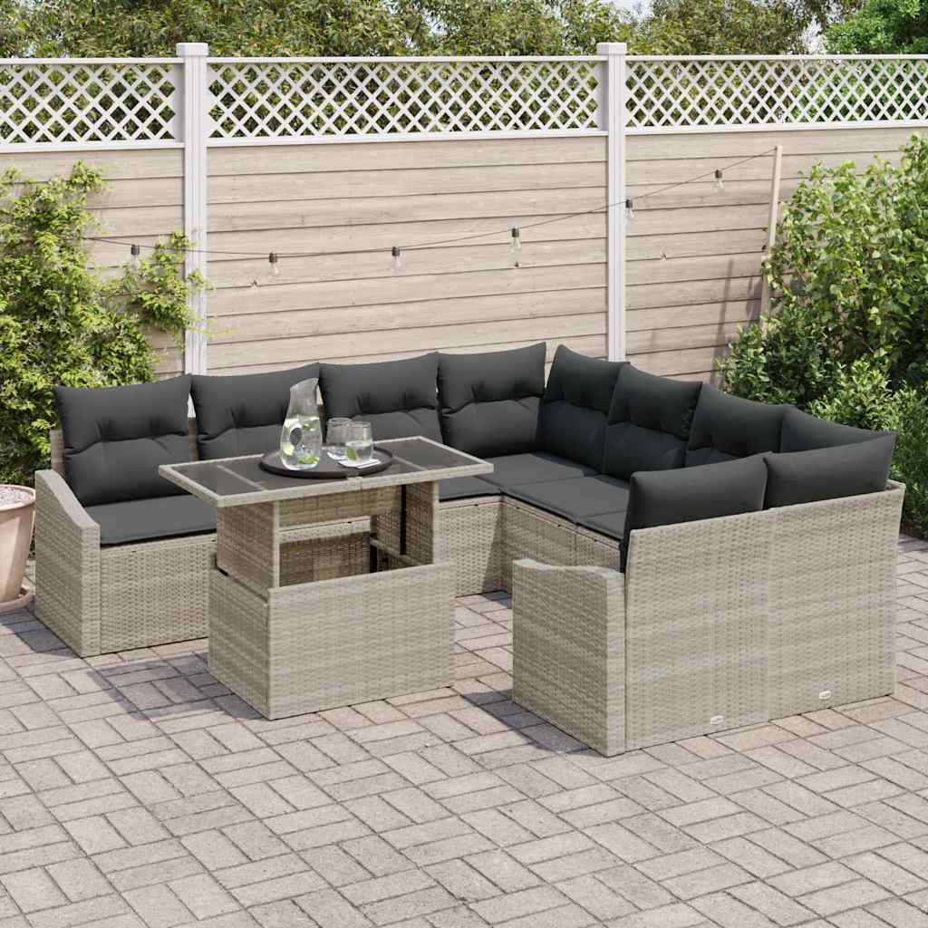 Garten-Sofa-Set mit Speicher 9 pcs Hellgrau Poly Rattan
