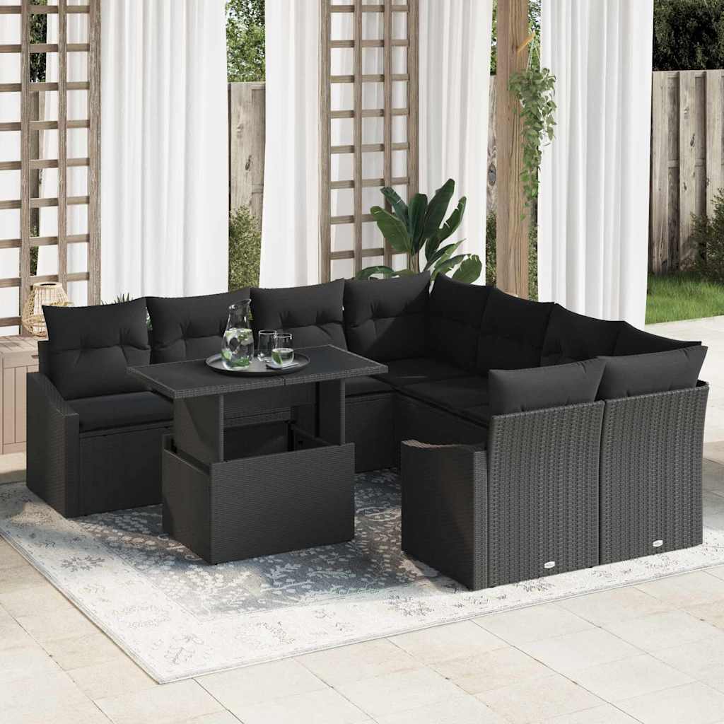Garten-Sofa-Set mit Speicher 9 pcs Schwarz Poly Rattan