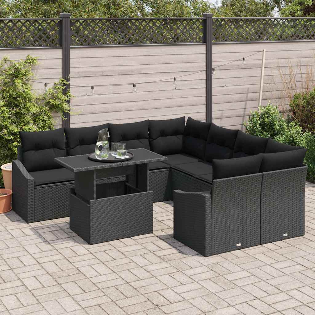 Garten-Sofa-Set mit Speicher 9 pcs Schwarz Poly Rattan