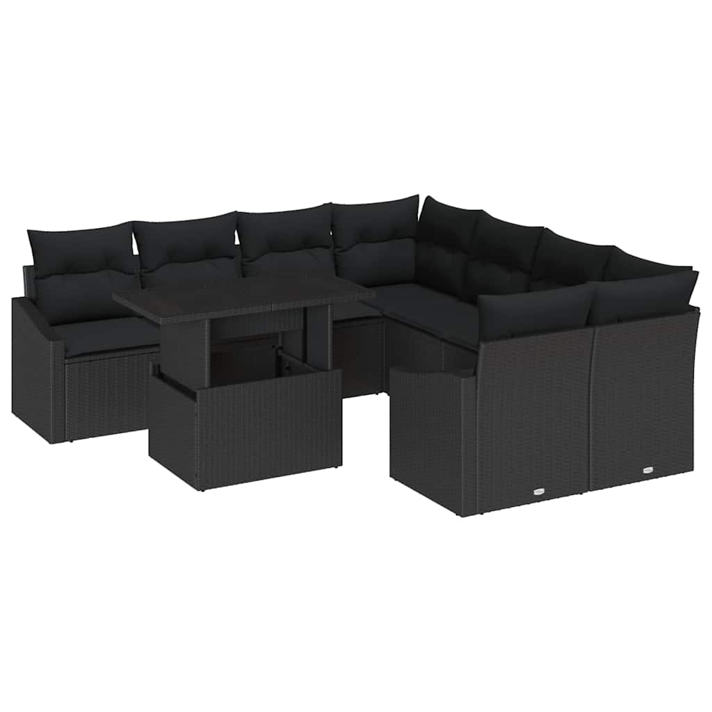 Garten-Sofa-Set mit Speicher 9 pcs Schwarz Poly Rattan