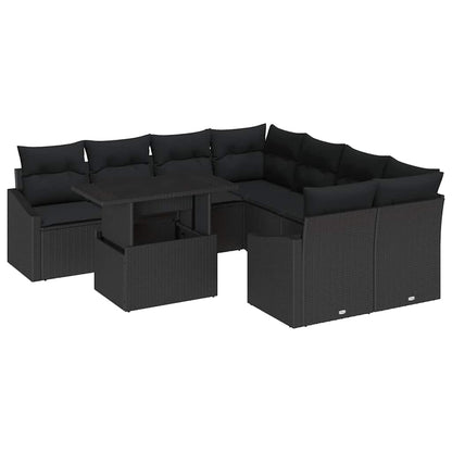 Garten-Sofa-Set mit Speicher 9 pcs Schwarz Poly Rattan