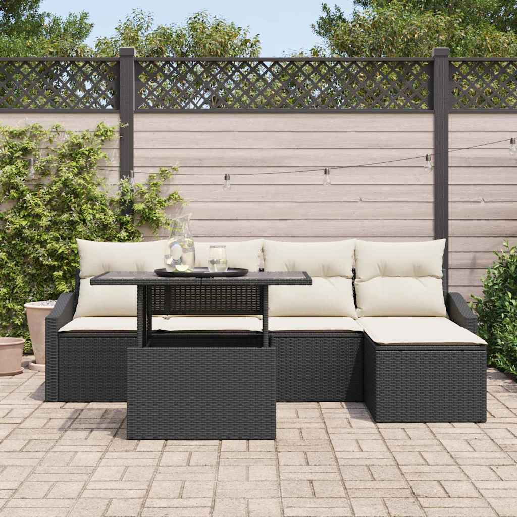Garten-Sofa-Set mit Kissen mit Speicher 6 pcs Schwarz, Creme