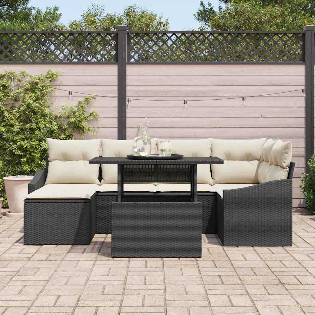 Garten-Sofa-Set mit Kissen mit Speicher 7 pcs Schwarz und Creme