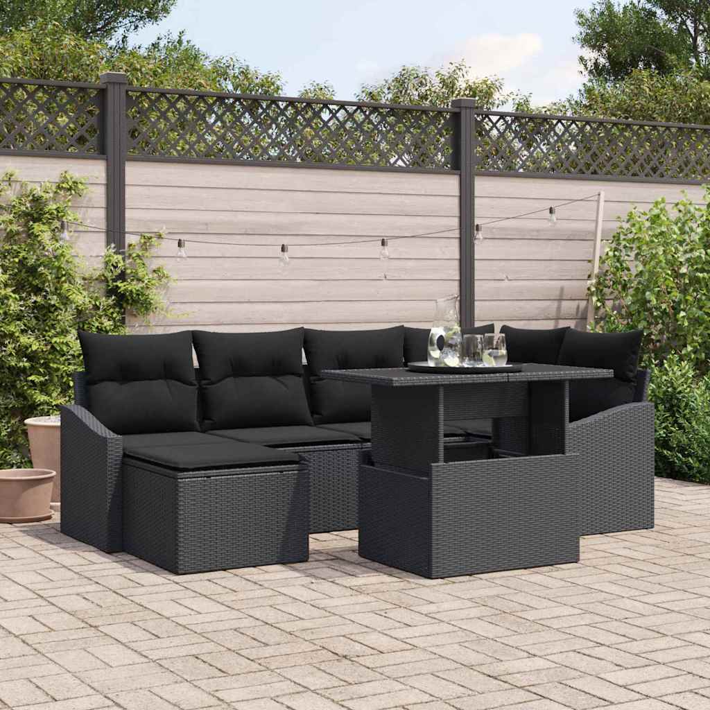 Garten-Sofa-Set mit Kissen mit Speicher 7 pcs Schwarz
