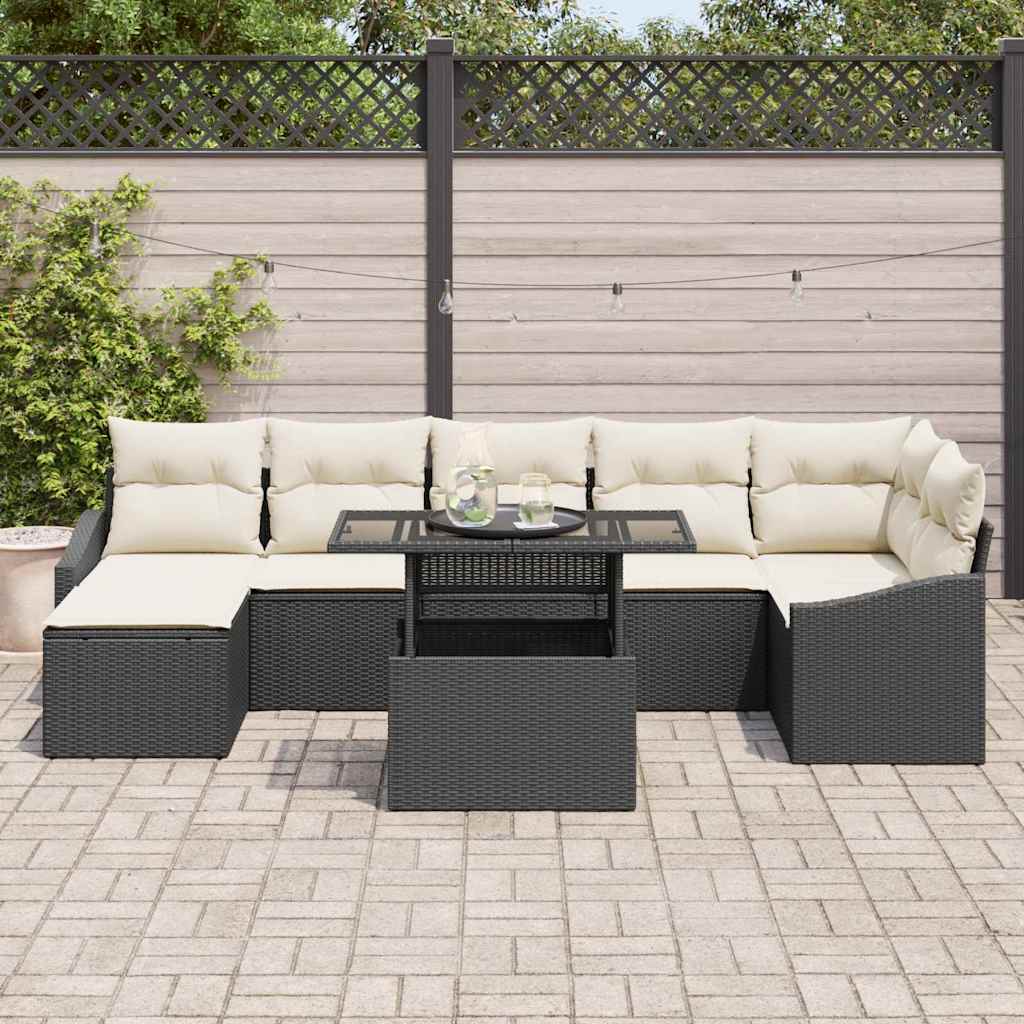 Garten-Sofa-Set mit Kissen mit Speicher 8 pcs Schwarz, Creme