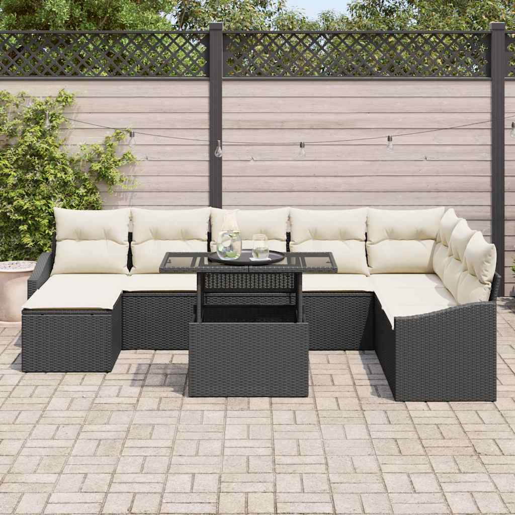 Garten-Sofa-Set mit Kissen mit Speicher 9 pcs Schwarz, Creme