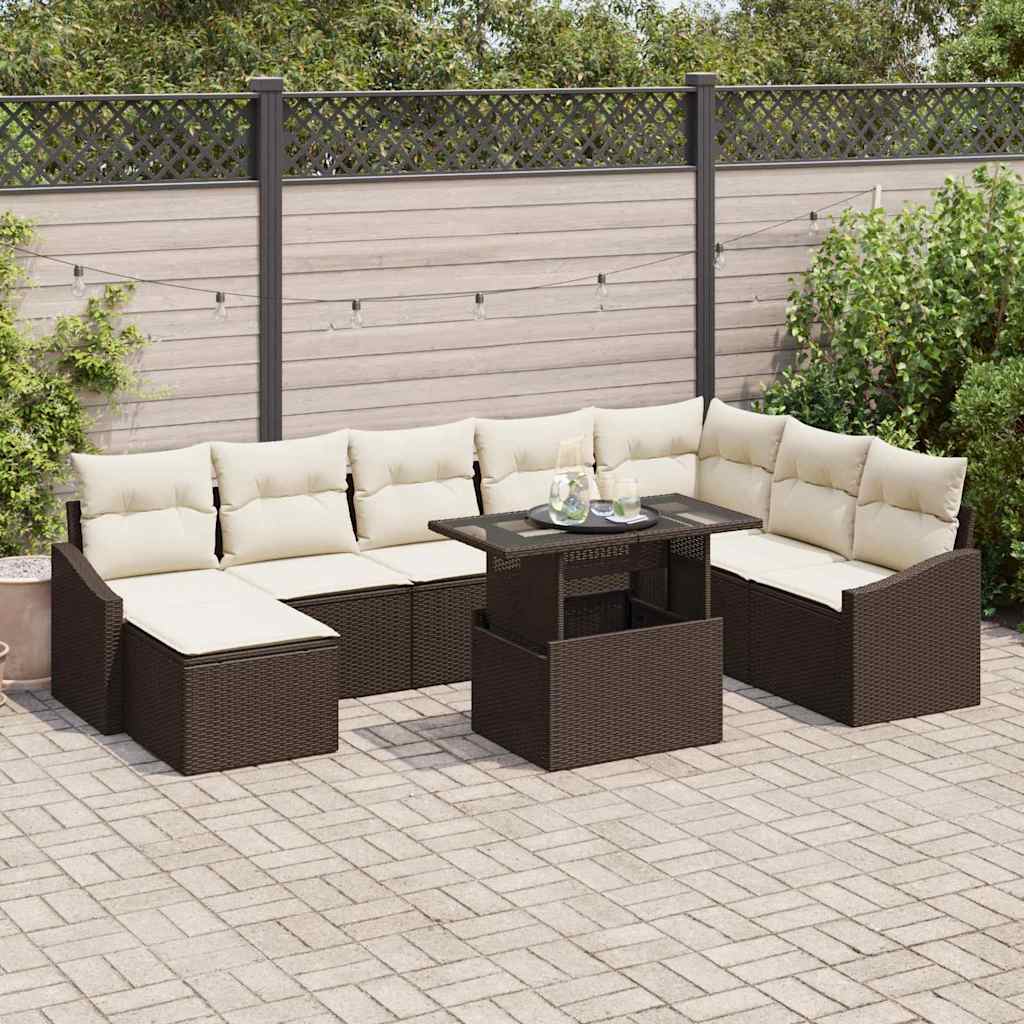 Garten-Sofa-Set mit Kissen mit Speicher 9 pcs Braun und Creme