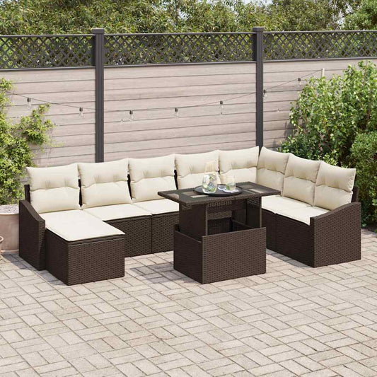 Garten-Sofa-Set mit Kissen mit Speicher 9 pcs Braun und Creme