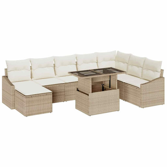 Garten-Sofa-Set mit Kissen mit Speicher 9 pcs Beige, Creme