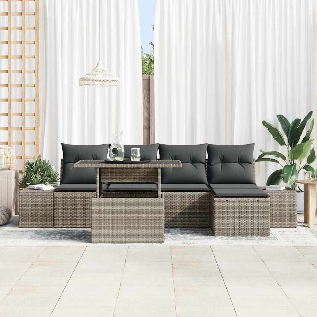Garten-Sofa-Set mit Speicher 6 pcs Grau Poly Rattan