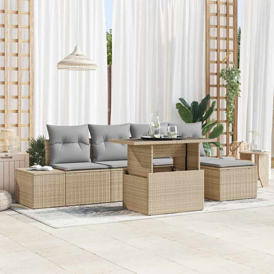Garten-Sofa-Set mit Speicher 6 pcs Beige Poly Rattan