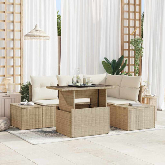 Garten-Sofa-Set mit Speicher 5 pcs Beige Poly Rattan