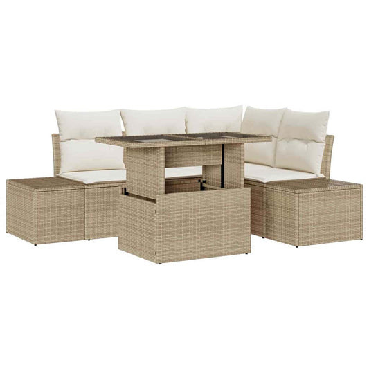 Garten-Sofa-Set mit Speicher 5 pcs Beige Poly Rattan