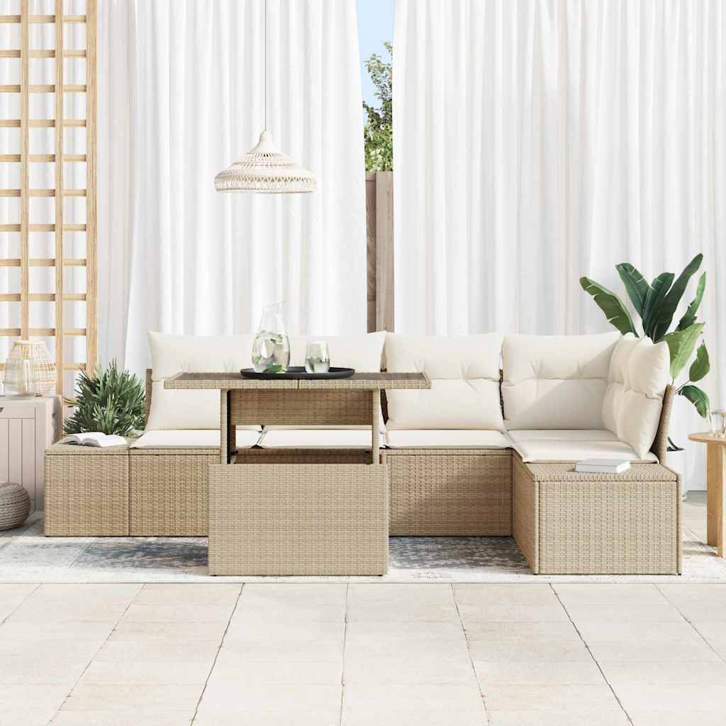 Garten-Sofa-Set mit Speicher 6 pcs Beige Poly Rattan