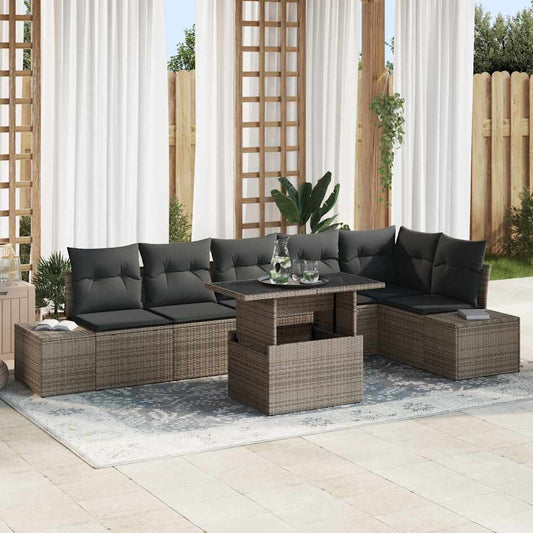 Garten-Sofa-Set mit Speicher 7 pcs Grau Poly Rattan