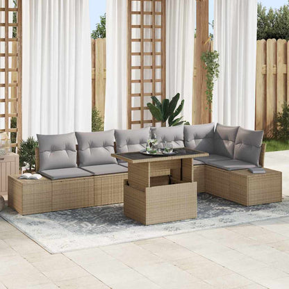 Garten-Sofa-Set mit Speicher 7 pcs Beige Poly Rattan