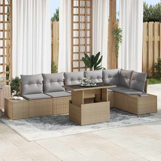 Garten-Sofa-Set mit Speicher 7 pcs Beige Poly Rattan