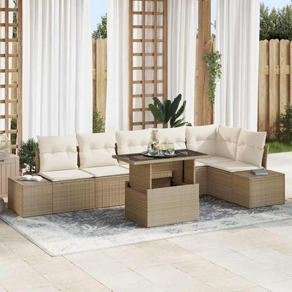 Garten-Sofa-Set mit Speicher 7 pcs Beige Poly Rattan
