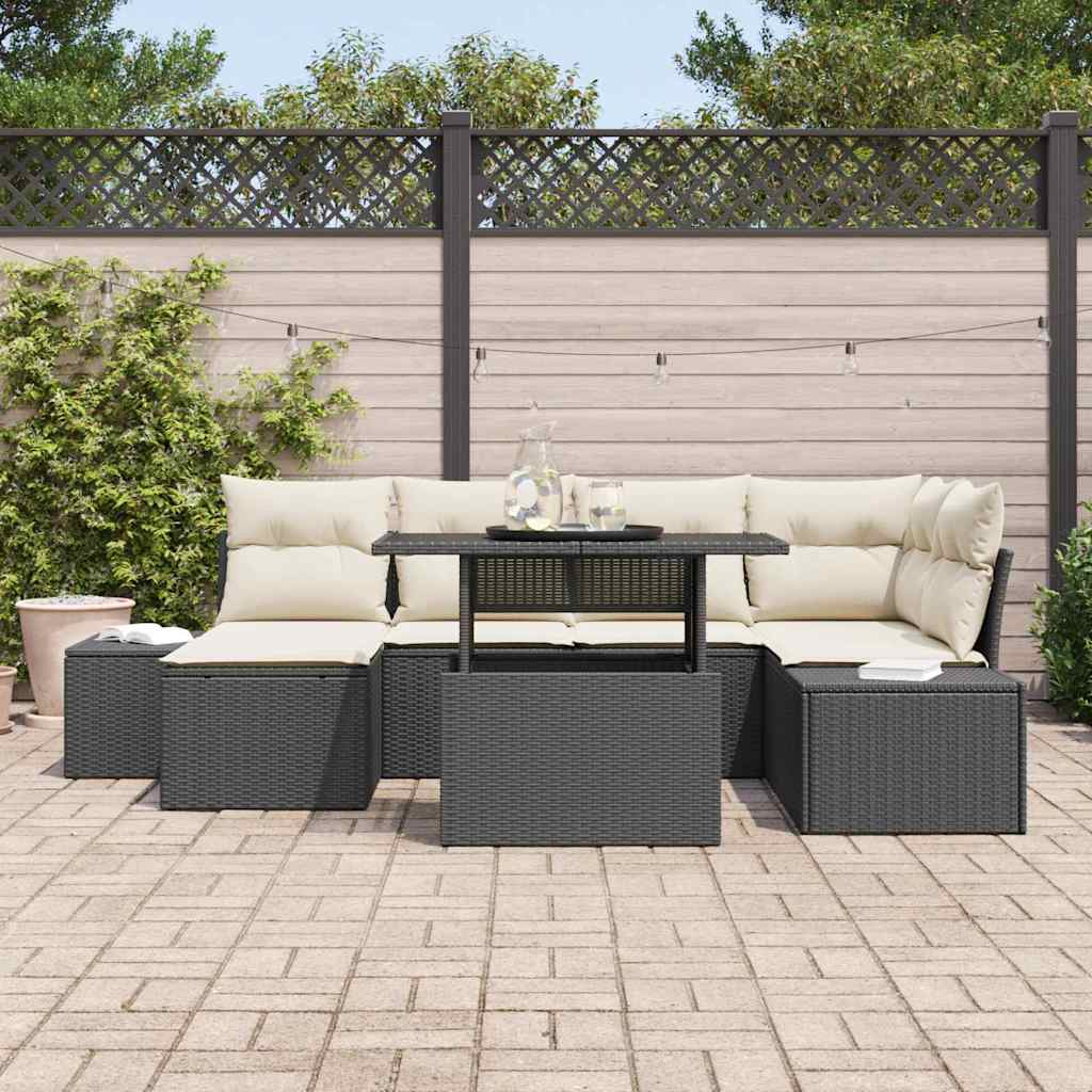 Garten-Sofa-Set mit Speicher 7 pcs Schwarz Poly Rattan
