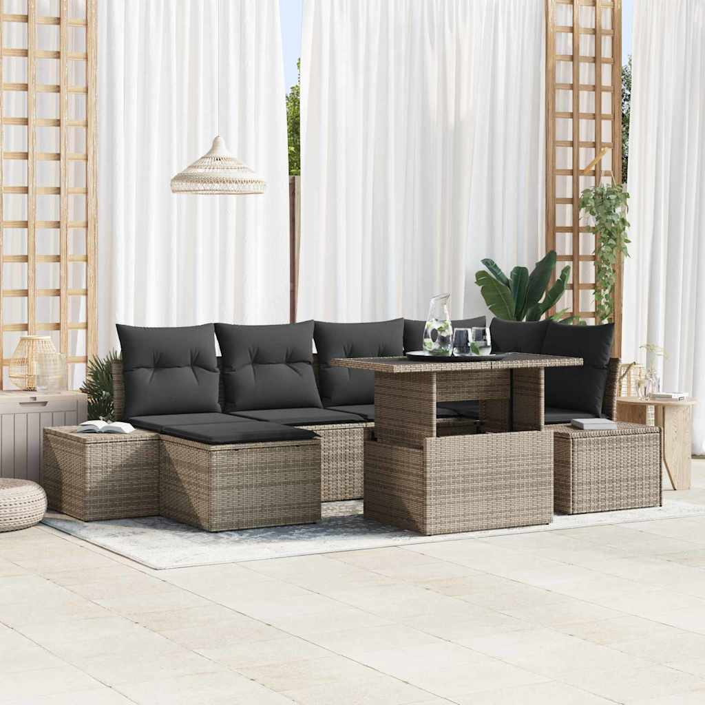 Garten-Sofa-Set mit Speicher 7 pcs Grau Poly Rattan
